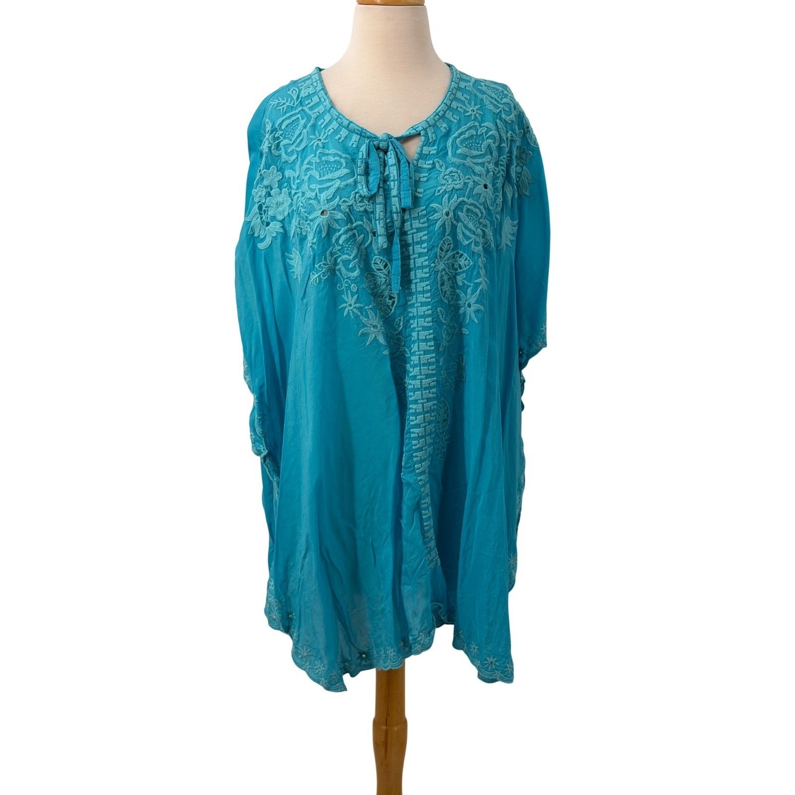 Johnny Was Women Talia Poncho Kaftan Cover Up Turquoise Embroidered Tie Front Xl